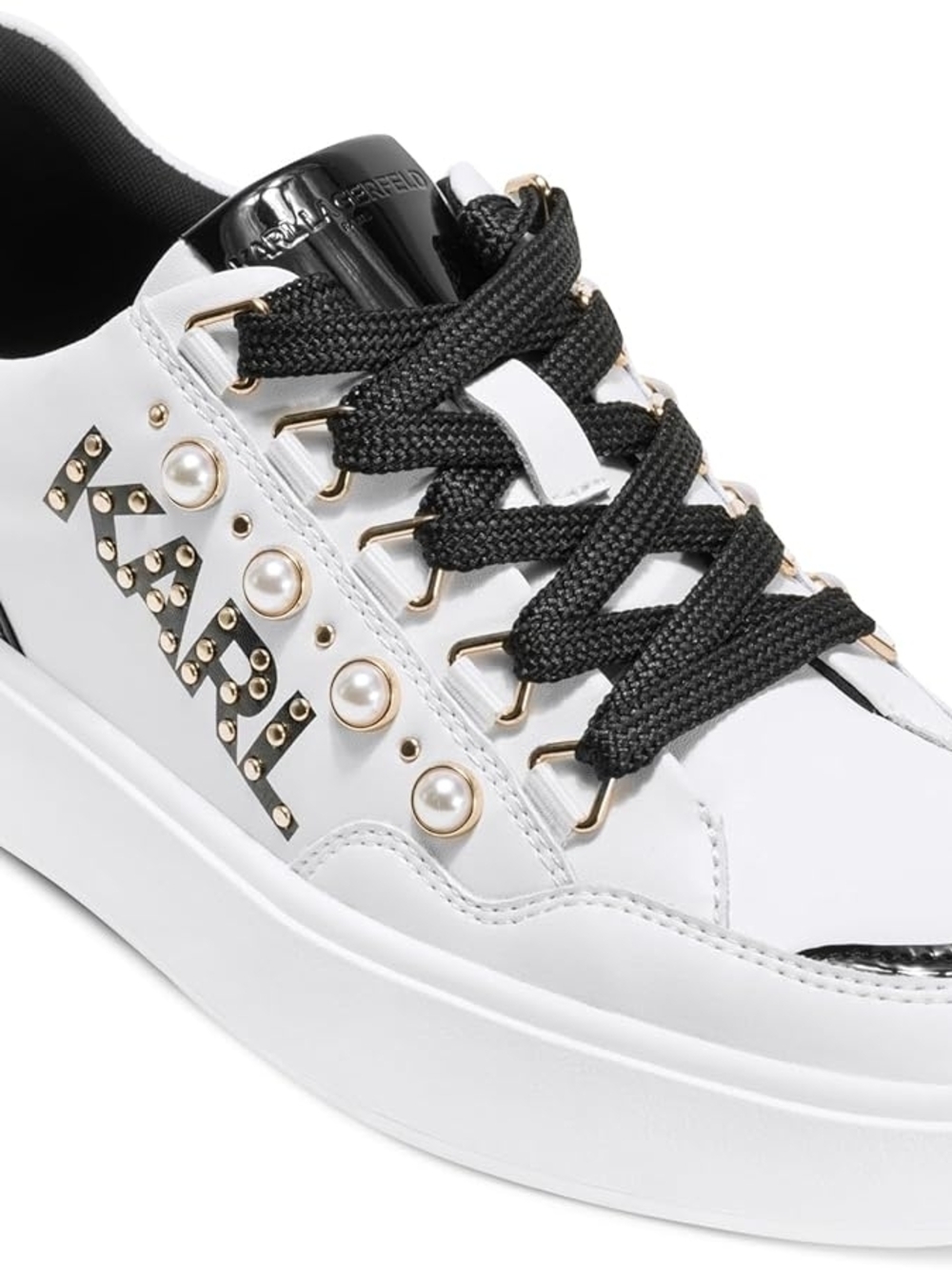 Karl Lagerfeld White Leather Pearl & Stud Logo Lace-Up Sneaker
